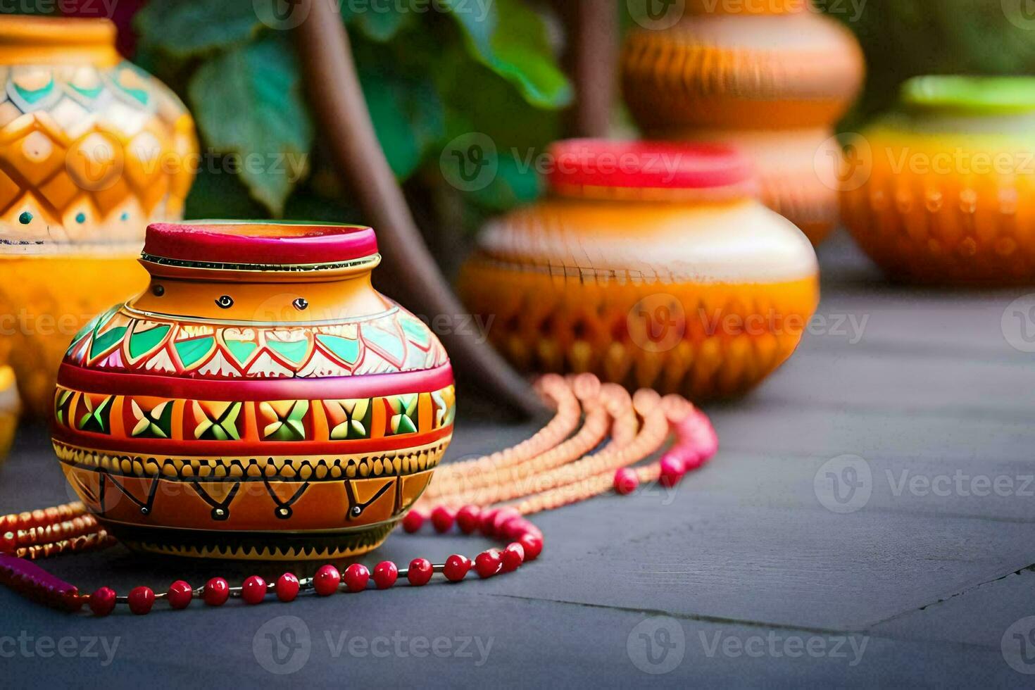 colorful pottery on a wooden table. AI-Generated photo