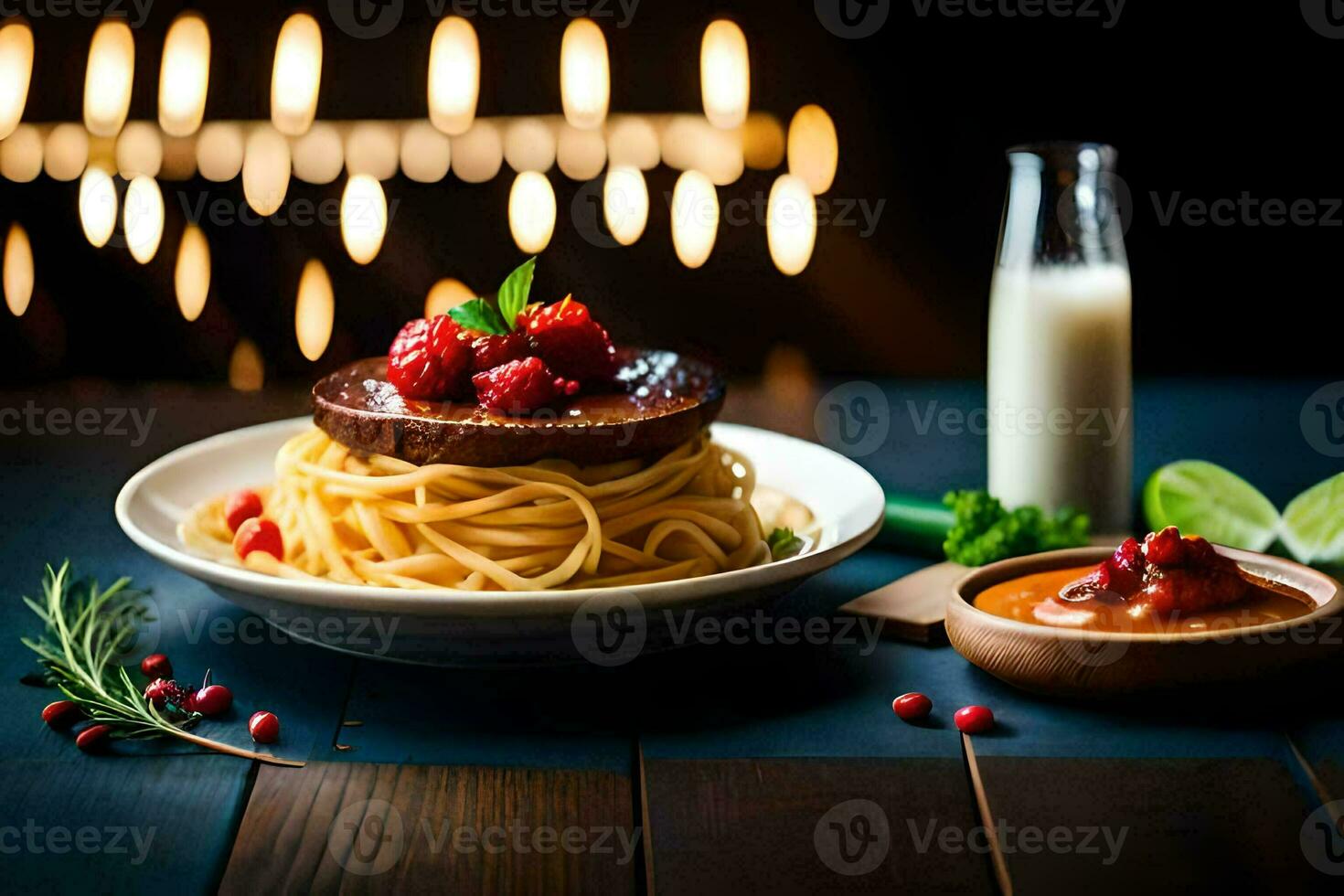 spaghetti with meat sauce and berries on a wooden table. AI-Generated photo