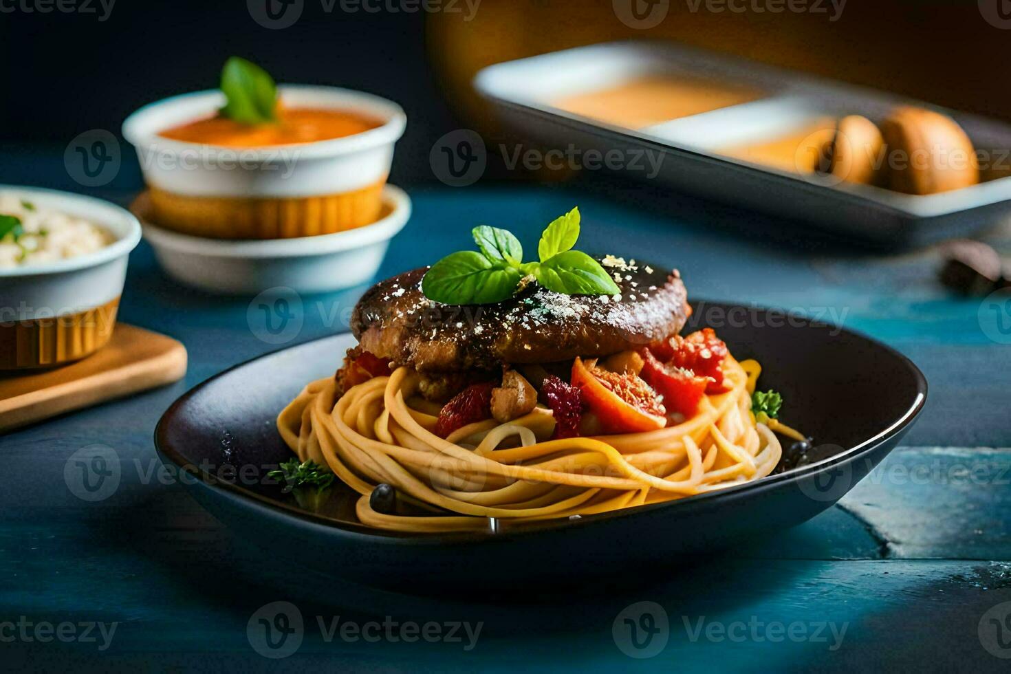 spaghetti with mushrooms and tomato sauce on a plate. AI-Generated photo