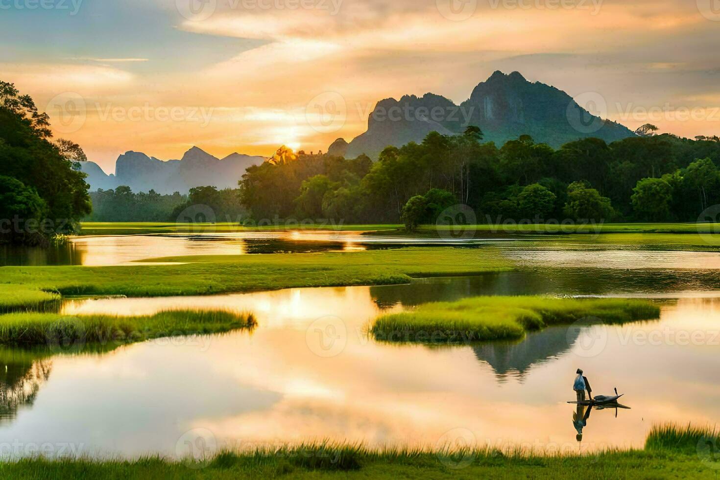 a man fishing in a river at sunset with mountains in the background. AI-Generated photo