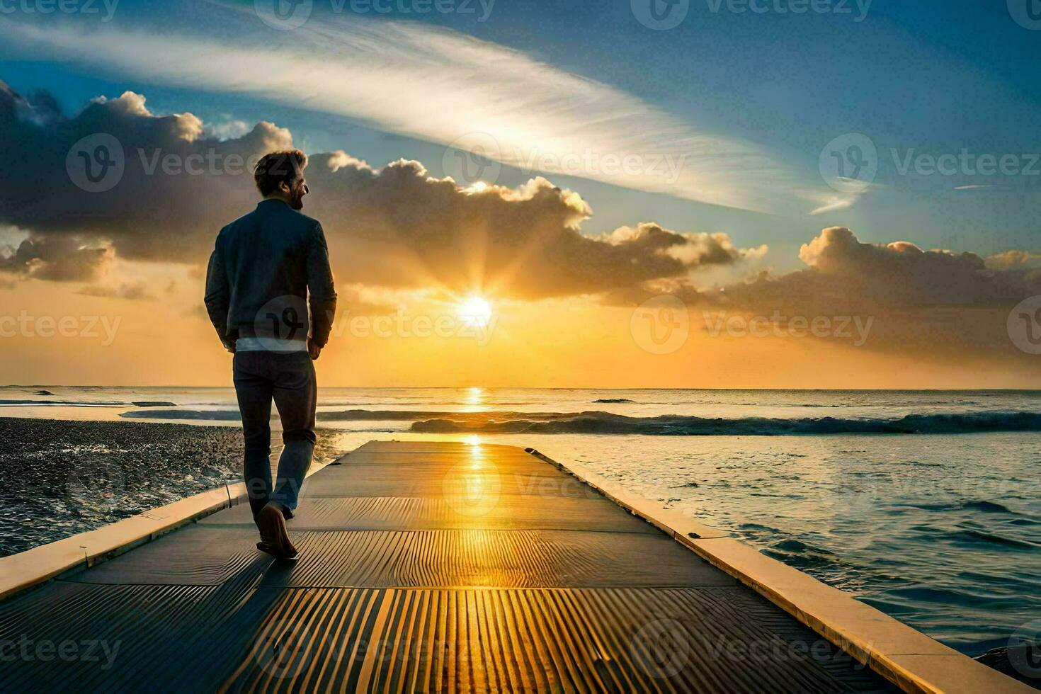 man walking on a pier at sunset. AI-Generated photo
