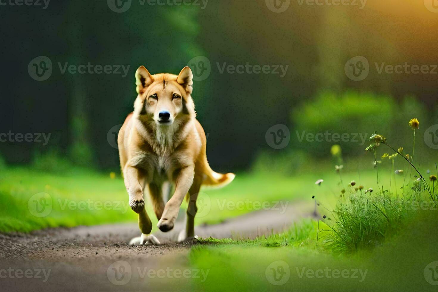 a dog running on a path in the middle of a field. AI-Generated photo