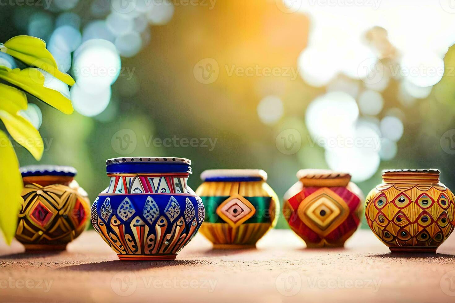 colorful pottery vases on the ground. AI-Generated photo