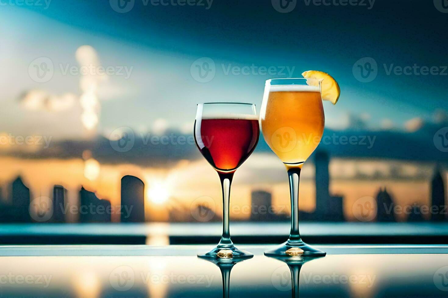 two glasses of wine with a sunset view in the background. AI-Generated photo