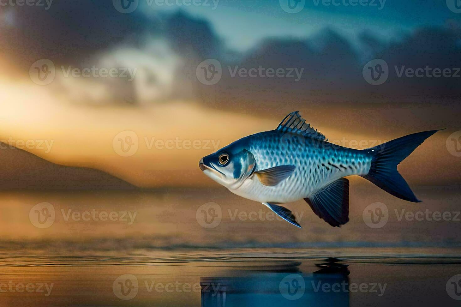 a fish is flying over the water at sunset. AI-Generated photo