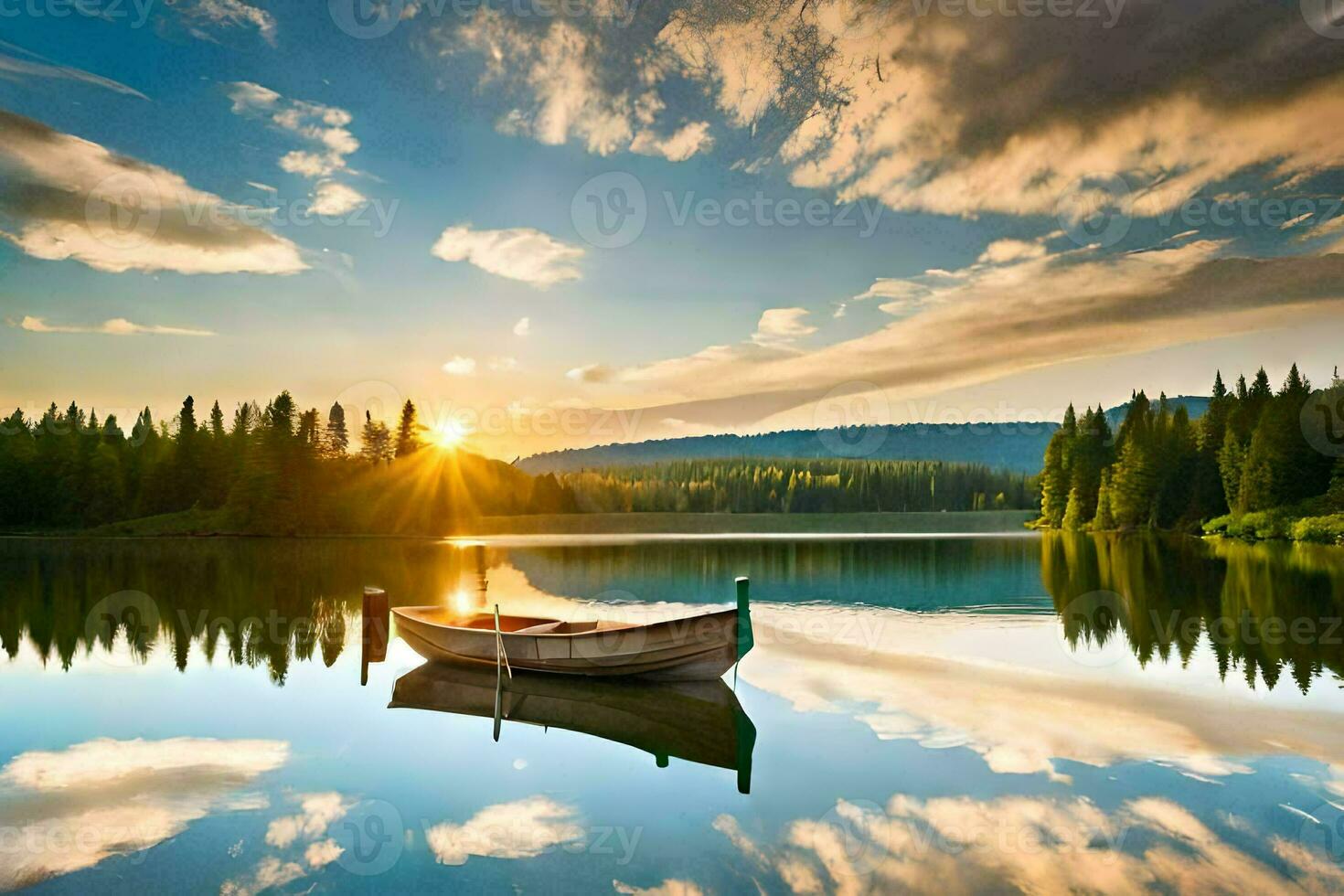 un barco se sienta en el calma agua a puesta de sol. generado por ai foto