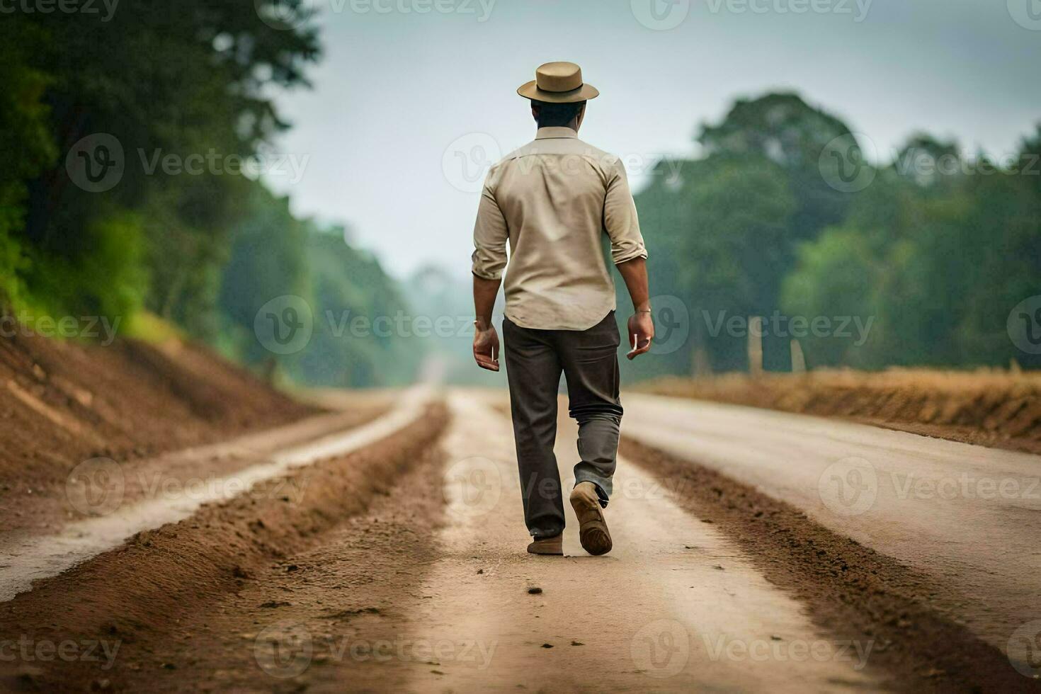 un hombre caminando abajo un suciedad la carretera en el medio de el día. generado por ai foto