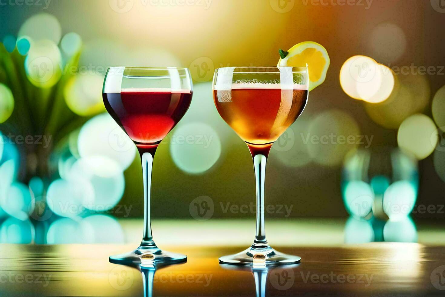 two glasses of wine on a table with blurred background. AI-Generated photo