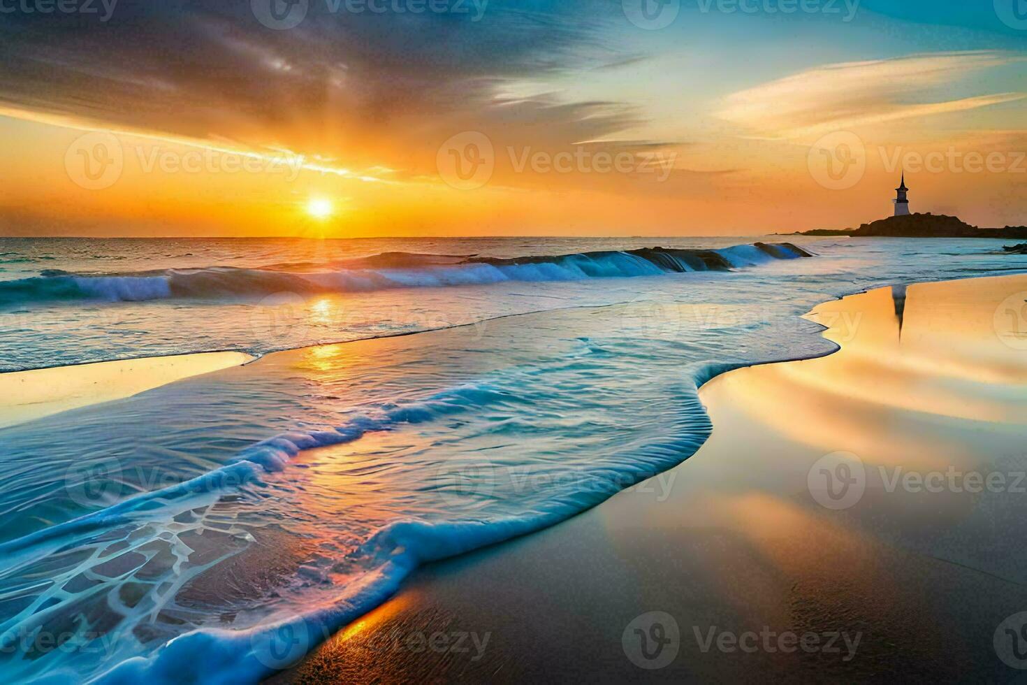 the sun rises over the ocean and waves at the beach. AI-Generated photo