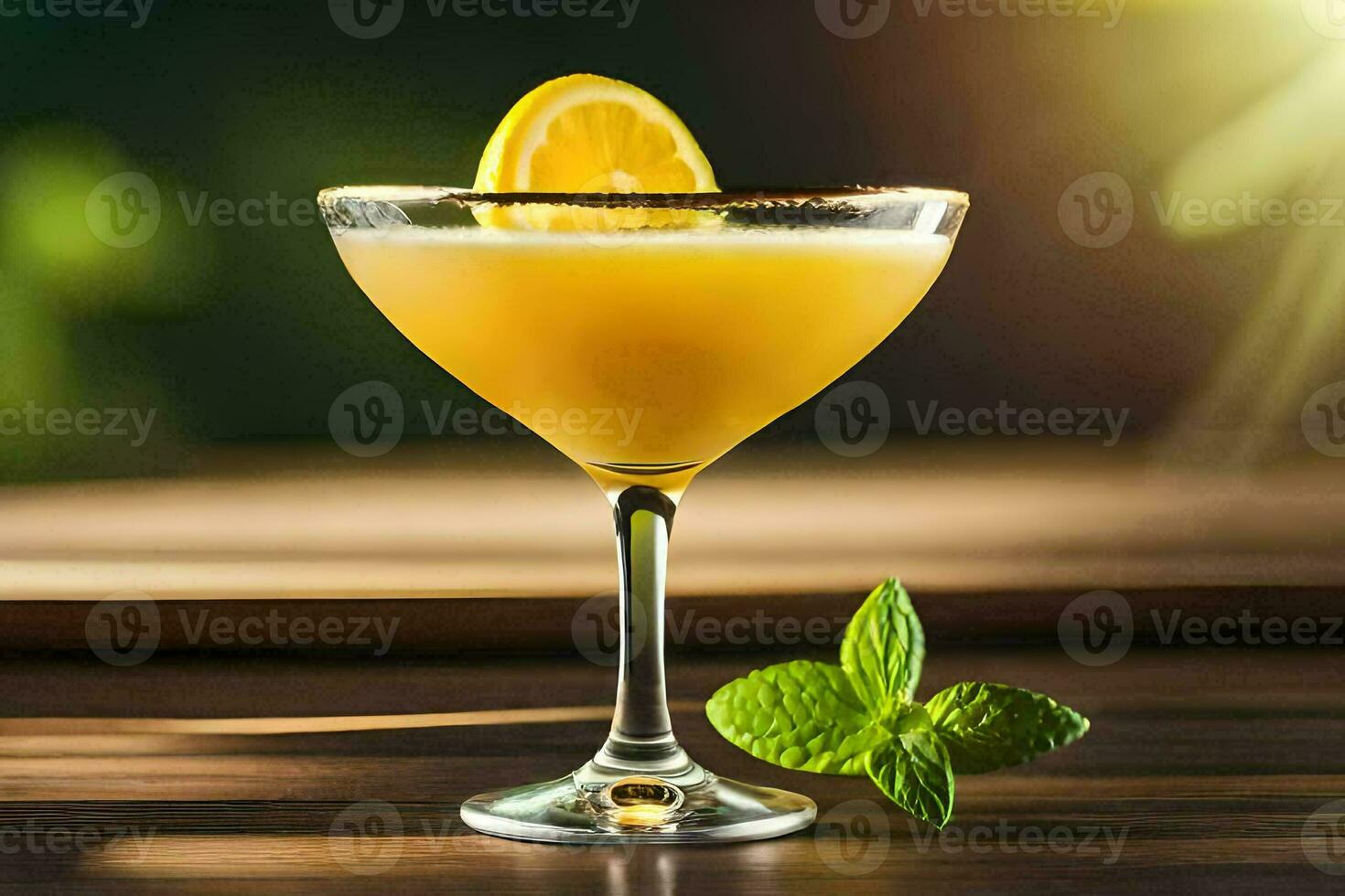 a cocktail with a lemon slice and mint. AI-Generated photo