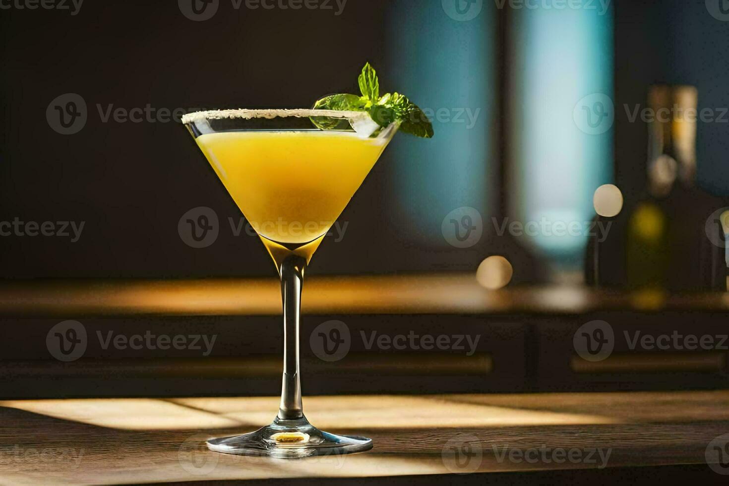 a cocktail with a green garnish sits on a wooden table. AI-Generated photo