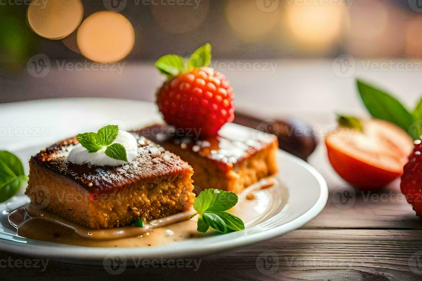 a plate with two pieces of cake and strawberries. AI-Generated photo