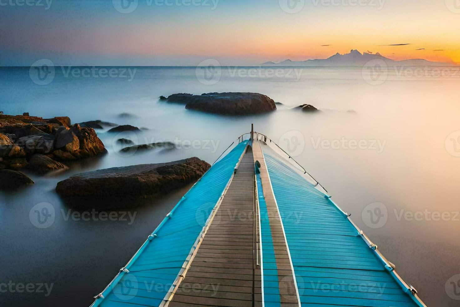 a long exposure photograph of a dock in the ocean. AI-Generated photo