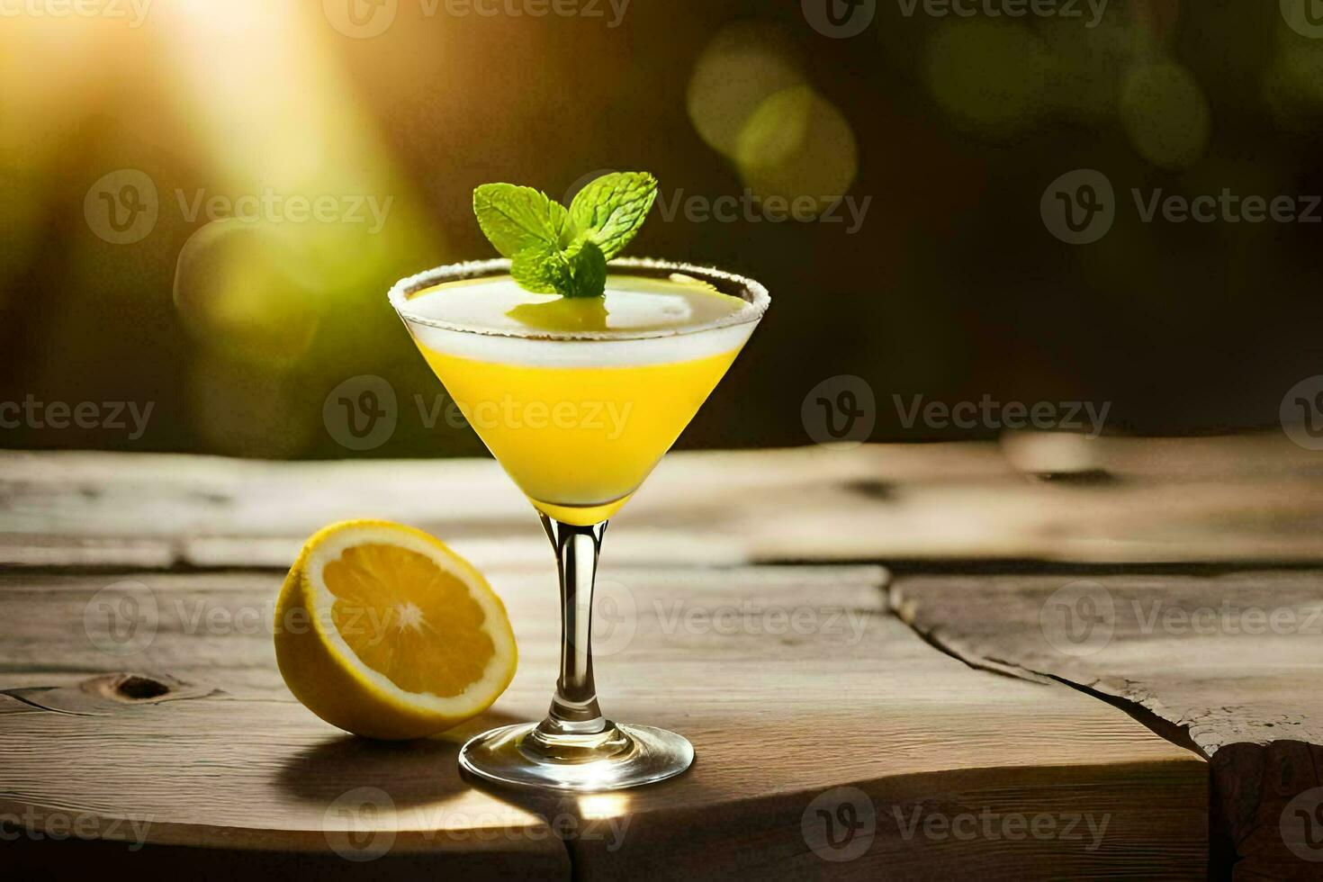 a cocktail with lemon and mint on a wooden table. AI-Generated photo