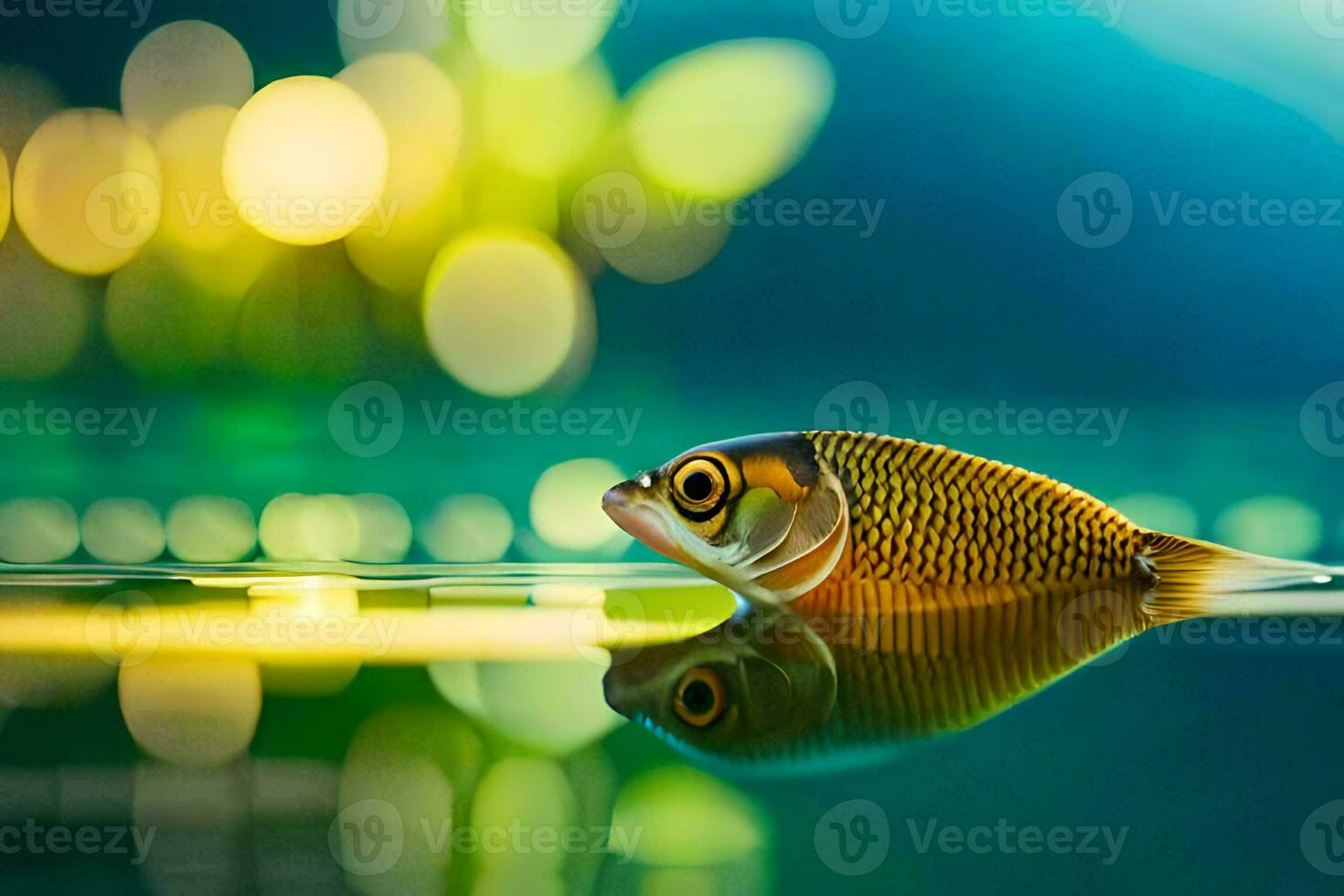 un pescado es flotante en el agua con un brillante antecedentes. generado por ai foto