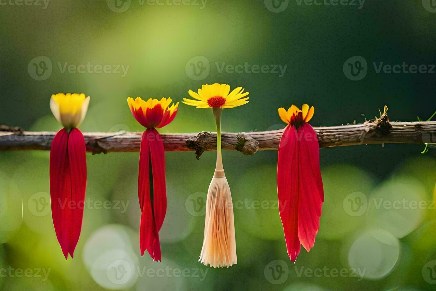 four red and yellow flowers are tied to a branch. AI-Generated photo