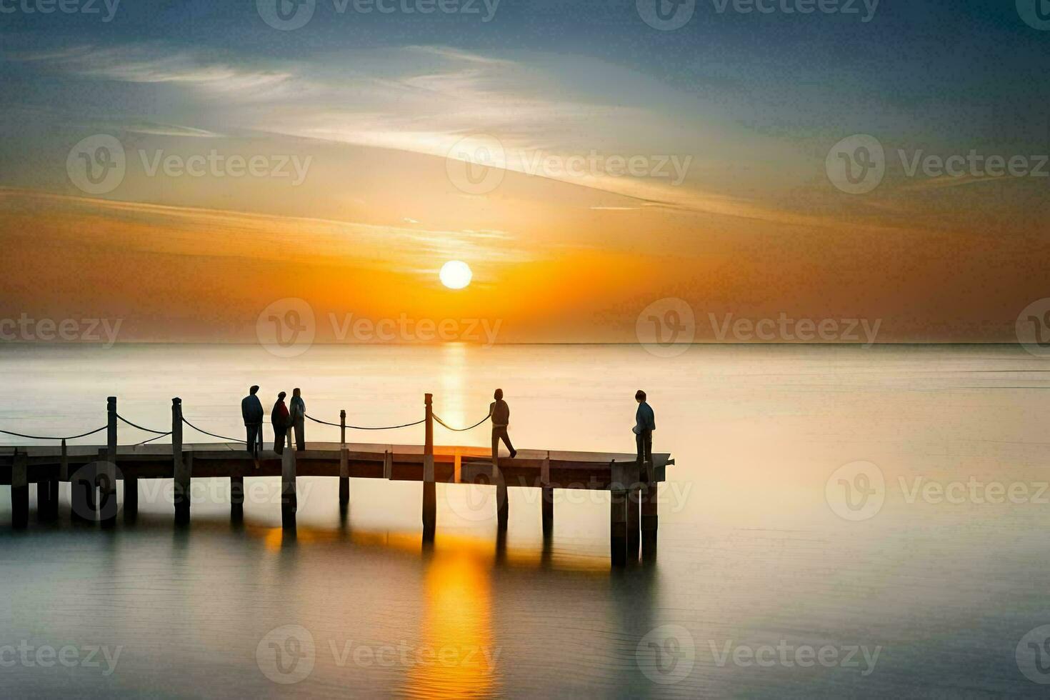 people standing on a pier at sunset. AI-Generated photo