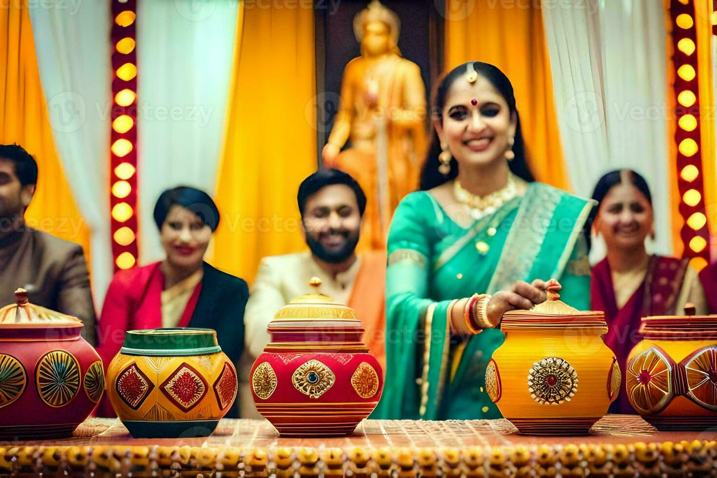 a woman in a sari is holding a pot with other people in the background. AI-Generated photo