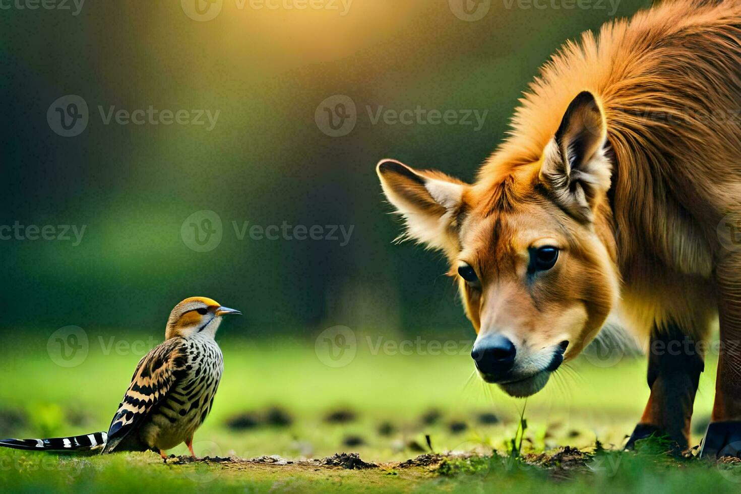 un pájaro y un perro en pie en el césped. generado por ai foto