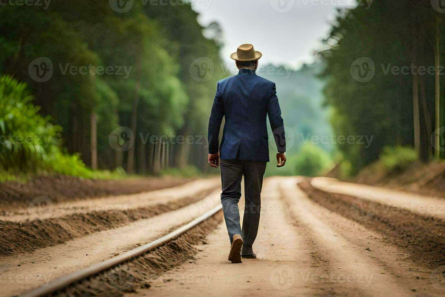 a man in a suit and hat walking down a dirt road. AI-Generated photo