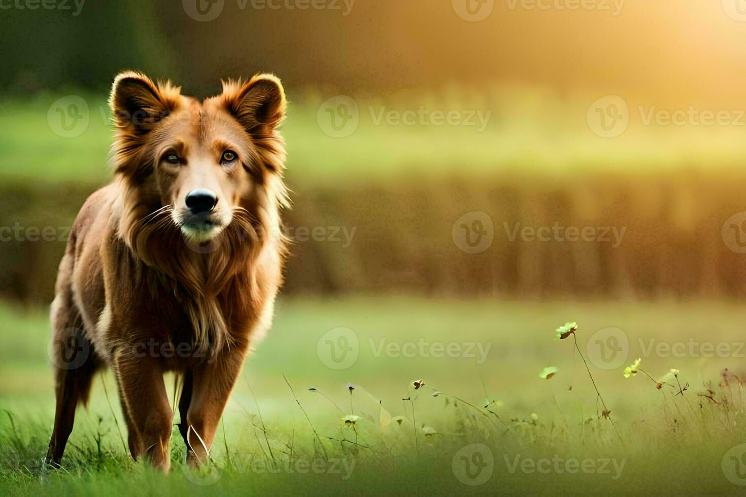 a brown dog is standing in the grass. AI-Generated photo