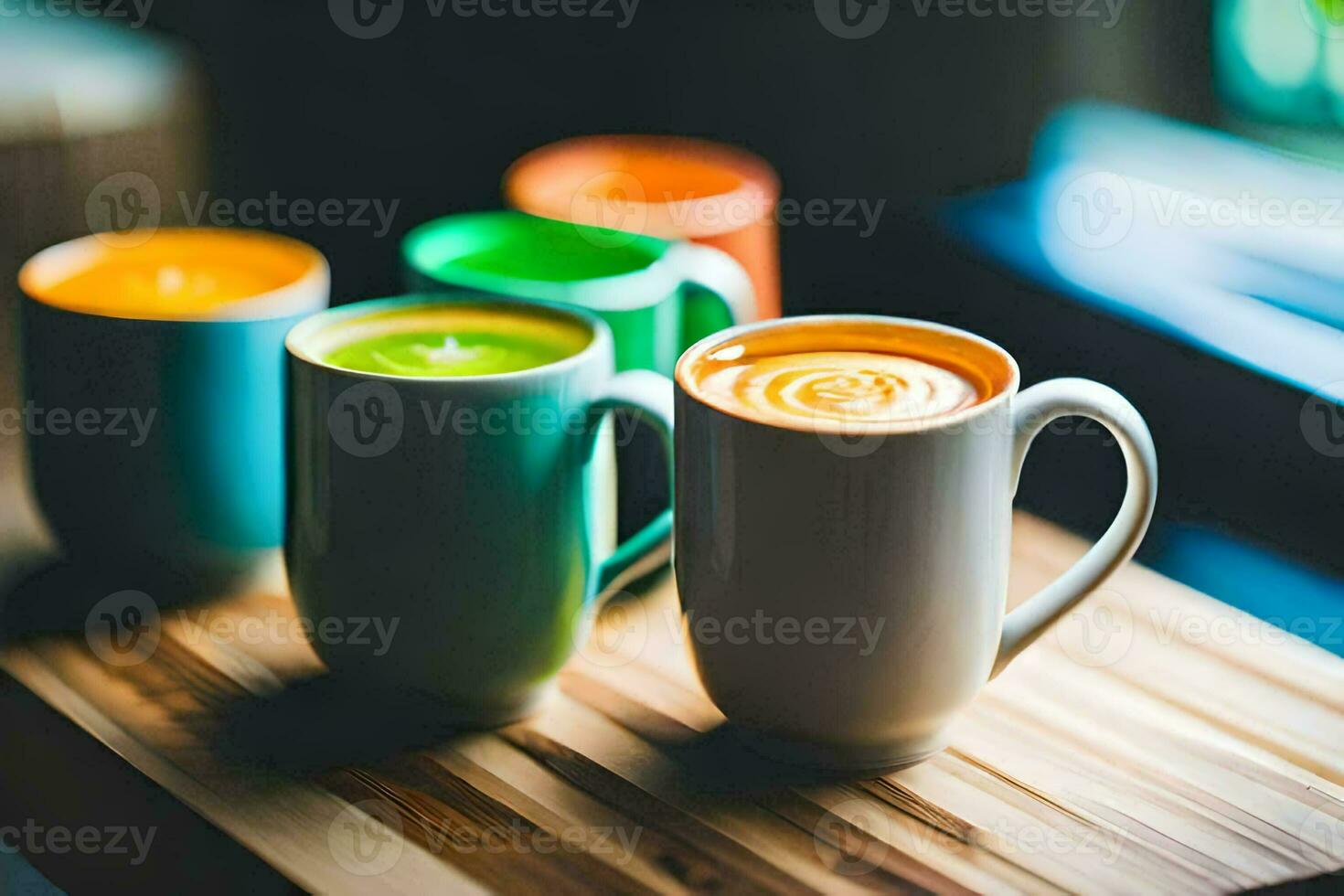 cinco vistoso café tazas en un de madera mesa. generado por ai foto