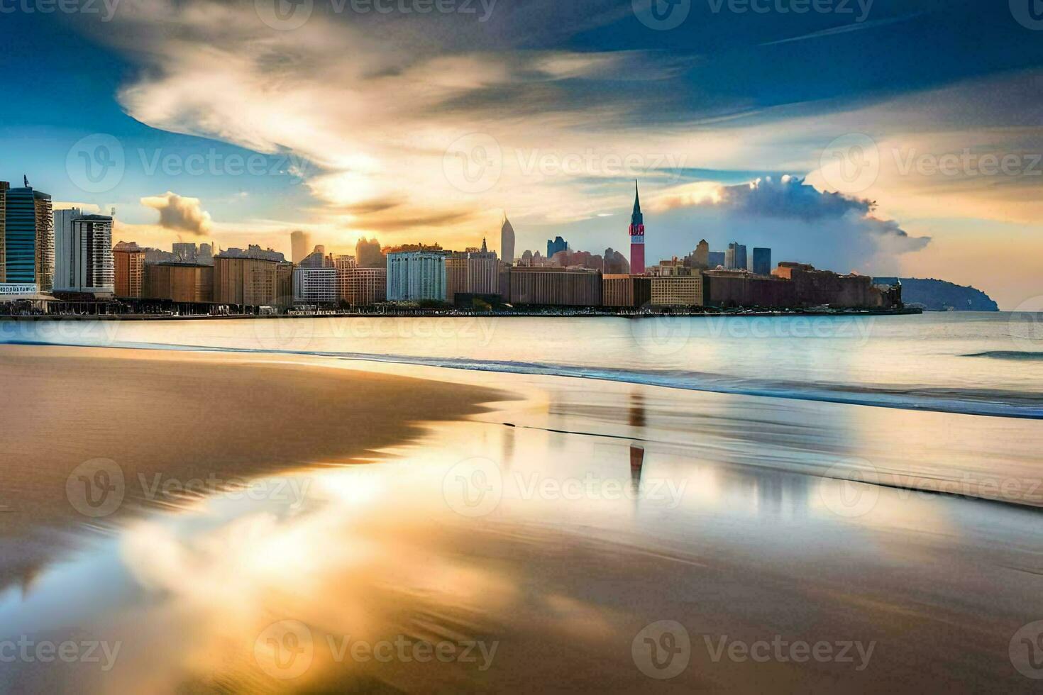 the city skyline is reflected in the water at sunset. AI-Generated photo