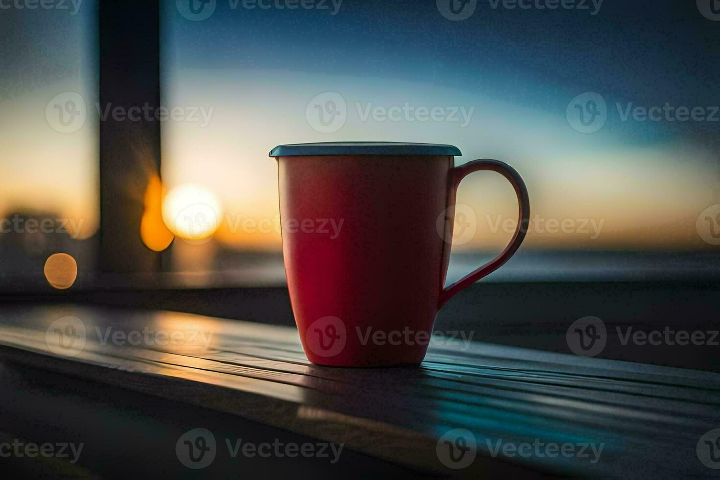 un rojo café taza se sienta en un de madera mesa en frente de un puesta de sol. generado por ai foto