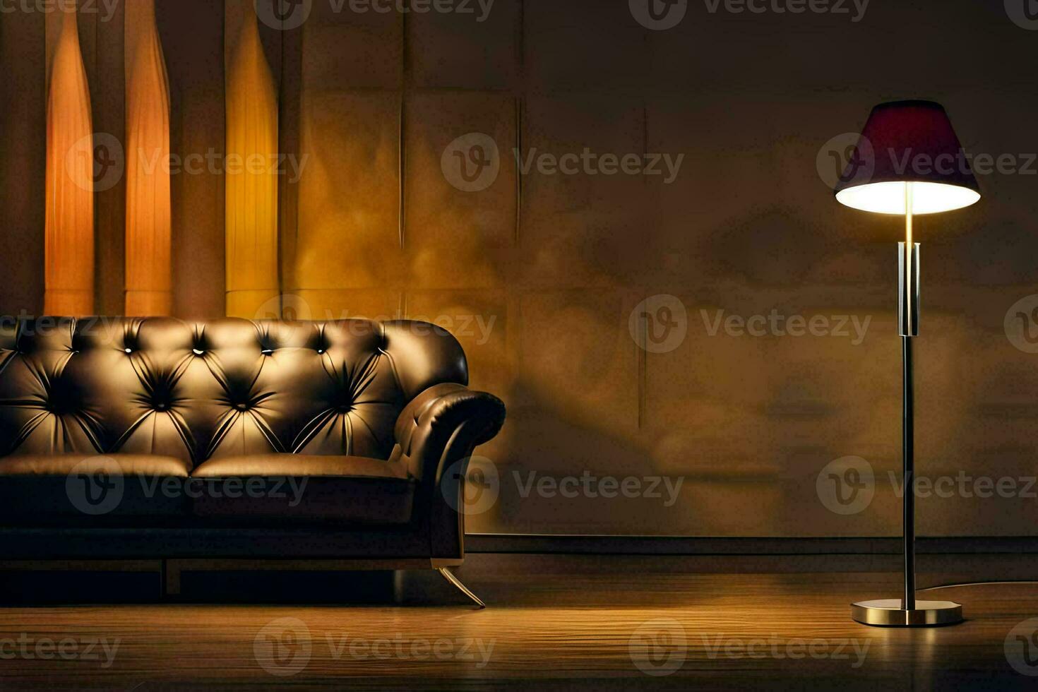 a black leather couch and a lamp in a room. AI-Generated photo
