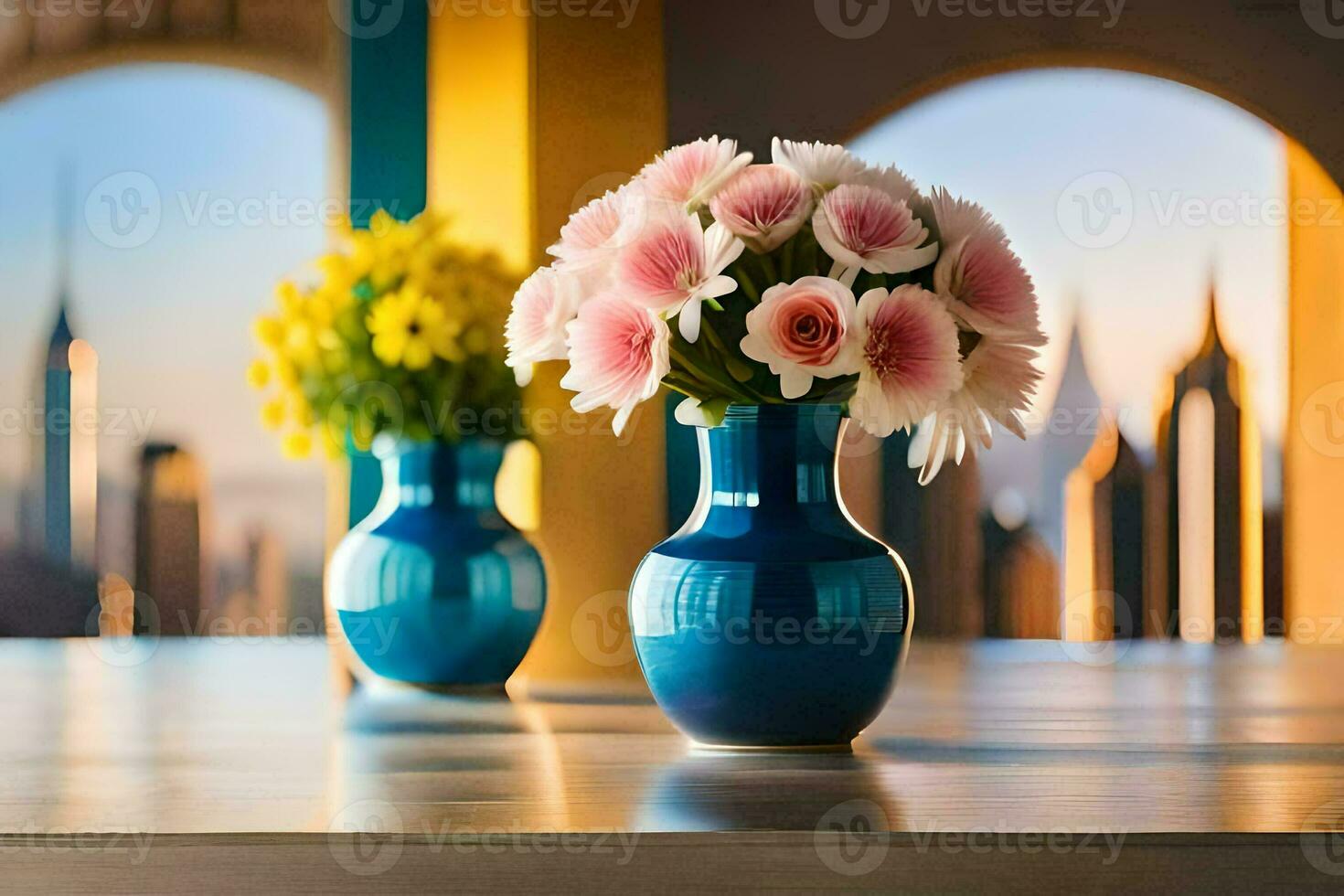 two vases with flowers on a table in front of a cityscape. AI-Generated photo