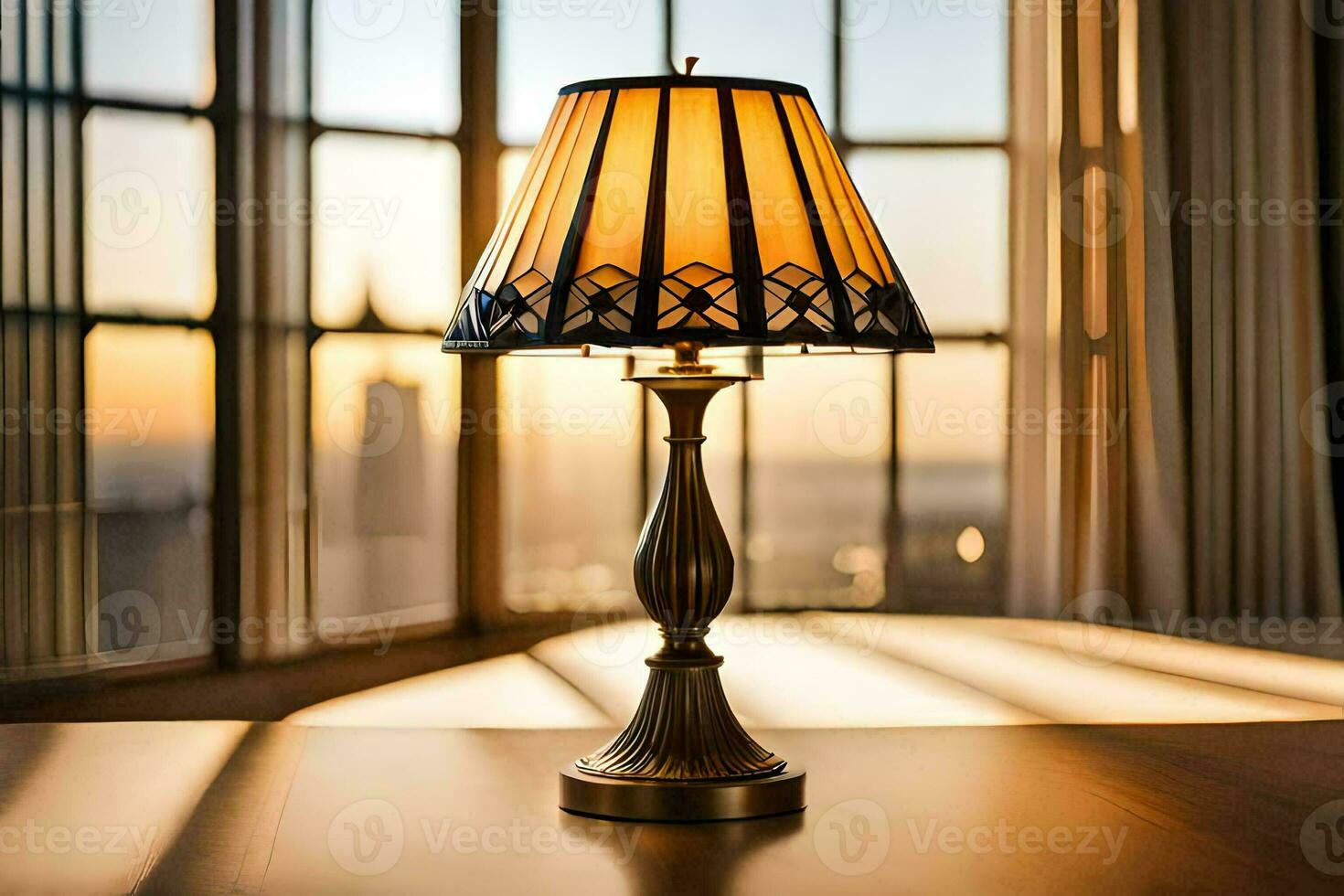 un lámpara en un mesa en frente de un ventana. generado por ai foto