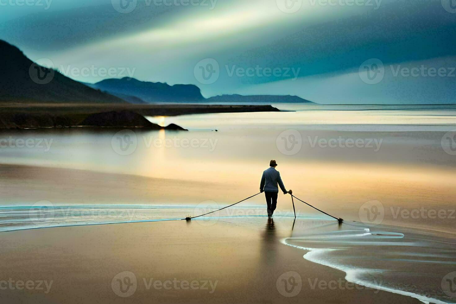 a man walking on the beach with a rope. AI-Generated photo