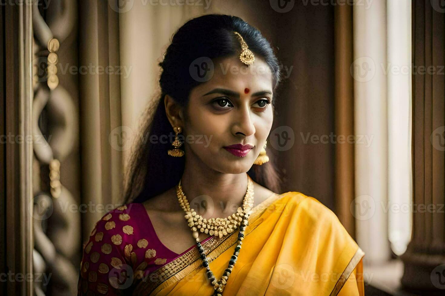 a beautiful indian woman in a yellow sari. AI-Generated photo