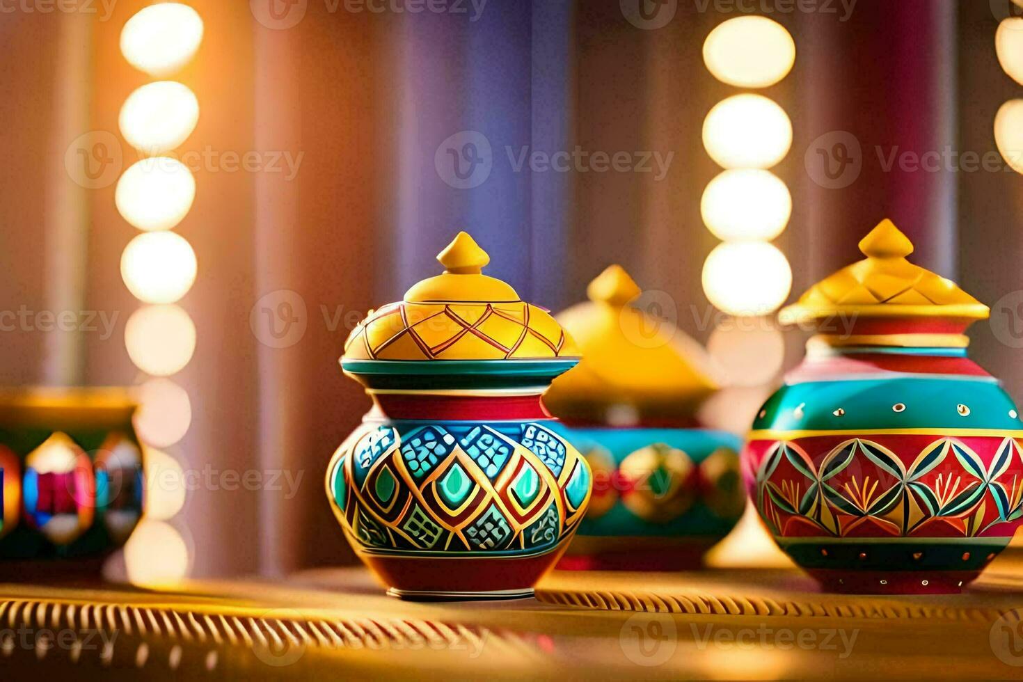 colorful diyas on a table with lights in the background. AI-Generated photo