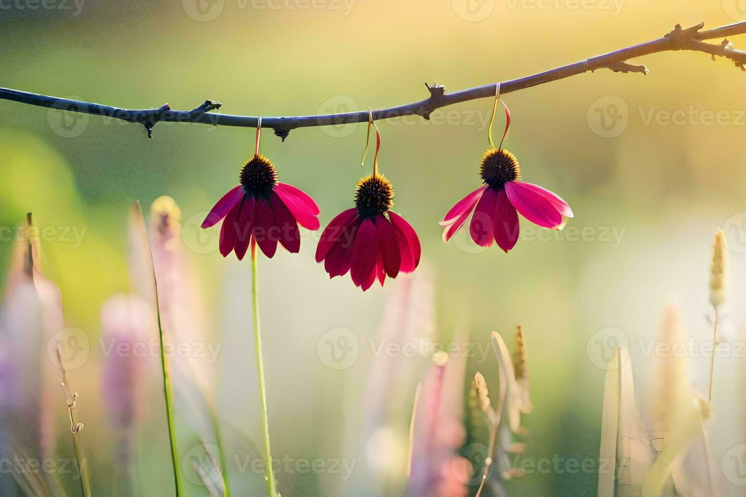 three red flowers hanging from a branch in the grass. AI-Generated photo