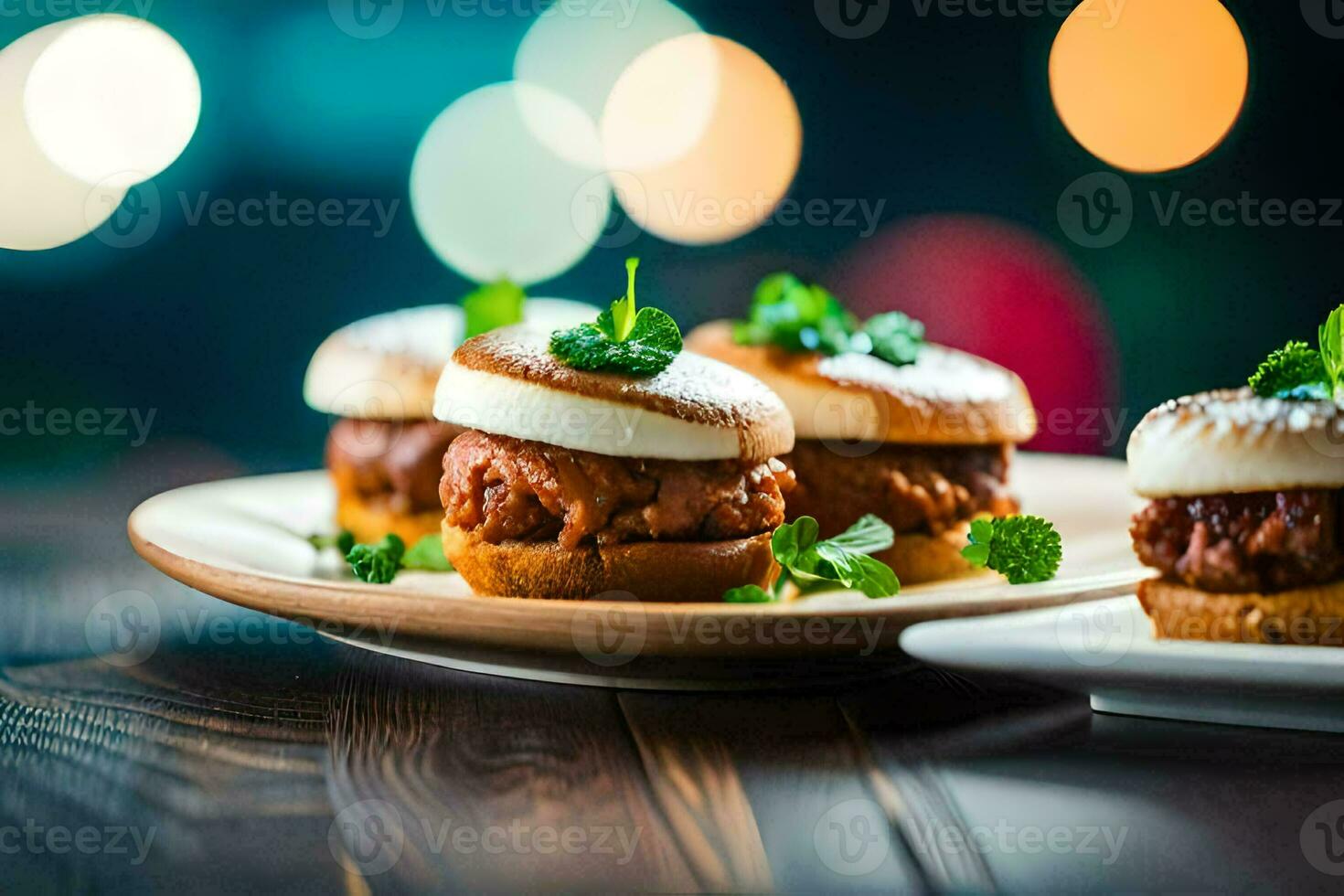 Tres mini albóndigas en blanco platos con verde hojas. generado por ai foto