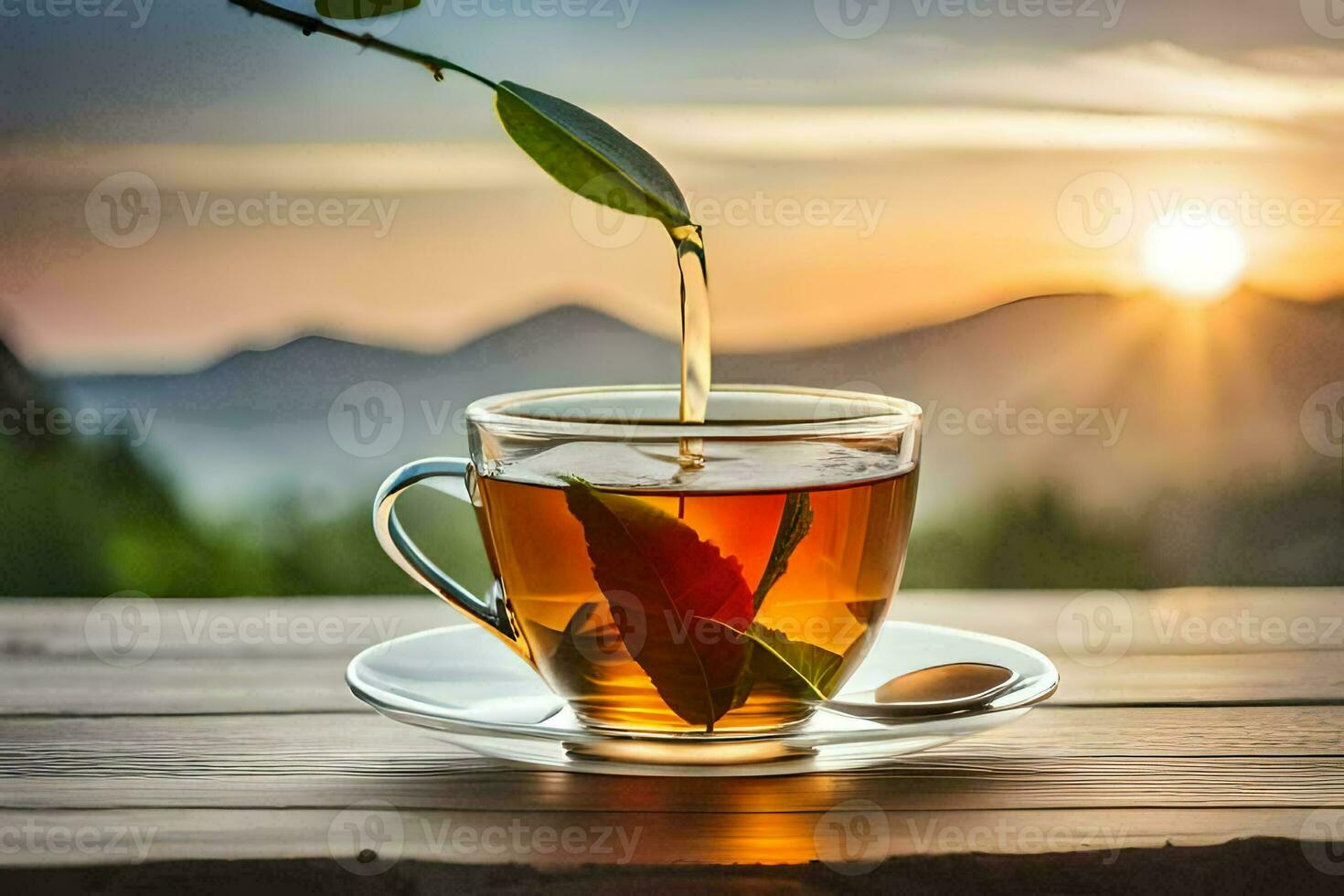 a cup of tea with a mountain view. AI-Generated photo