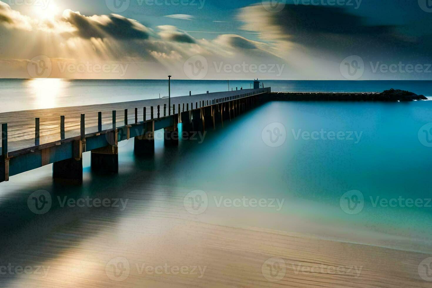 a long exposure photo of a pier at the beach. AI-Generated