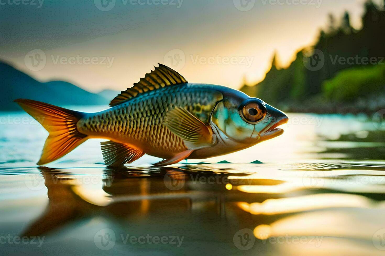 un pescado es en pie en el agua a puesta de sol. generado por ai foto