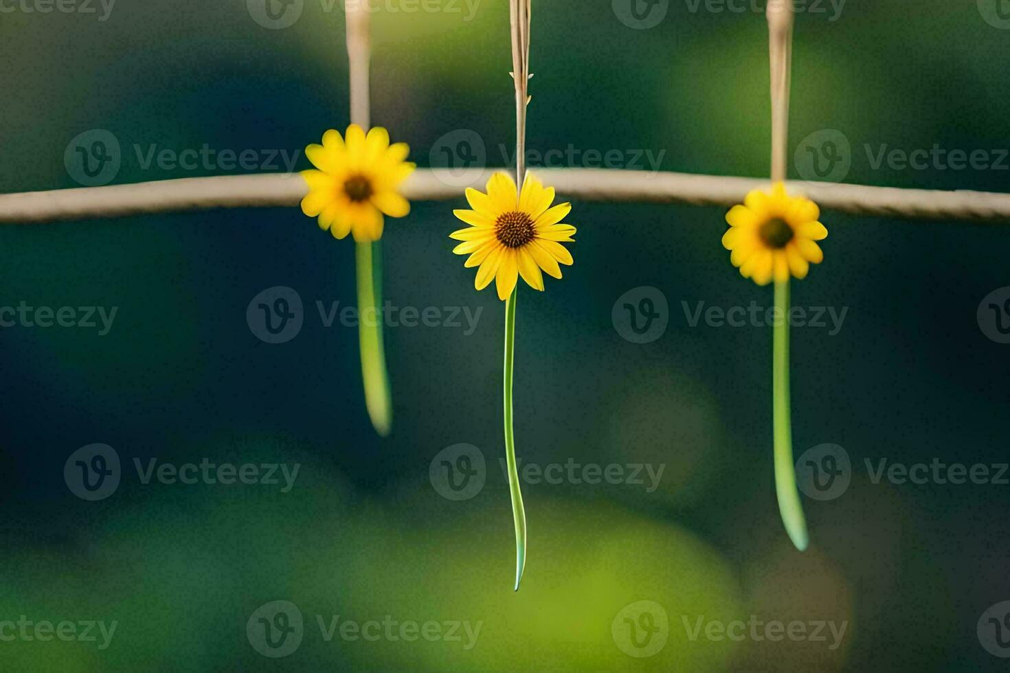 three yellow flowers hanging from a string. AI-Generated photo