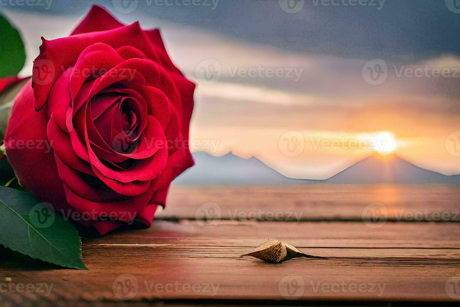 a red rose sits on a wooden table with the sun setting behind it. AI-Generated photo