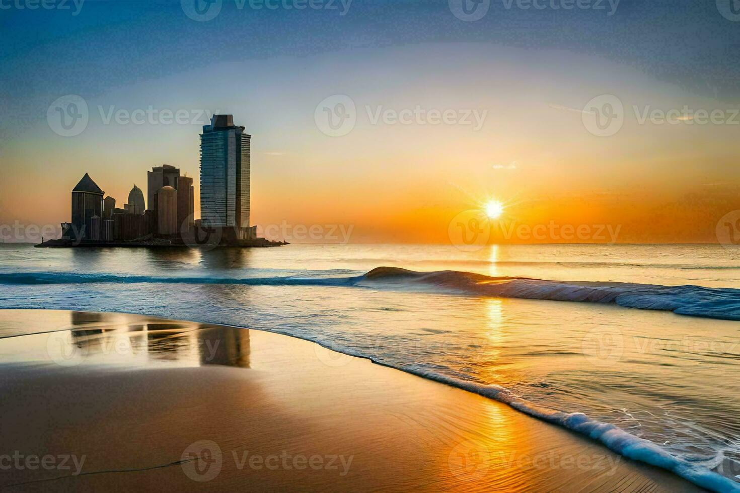 the sun sets over the beach and the city. AI-Generated photo