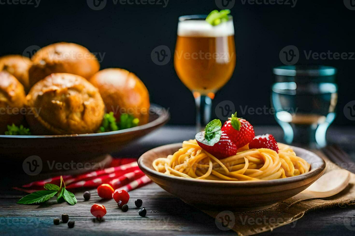 spaghetti with bread and beer. AI-Generated photo