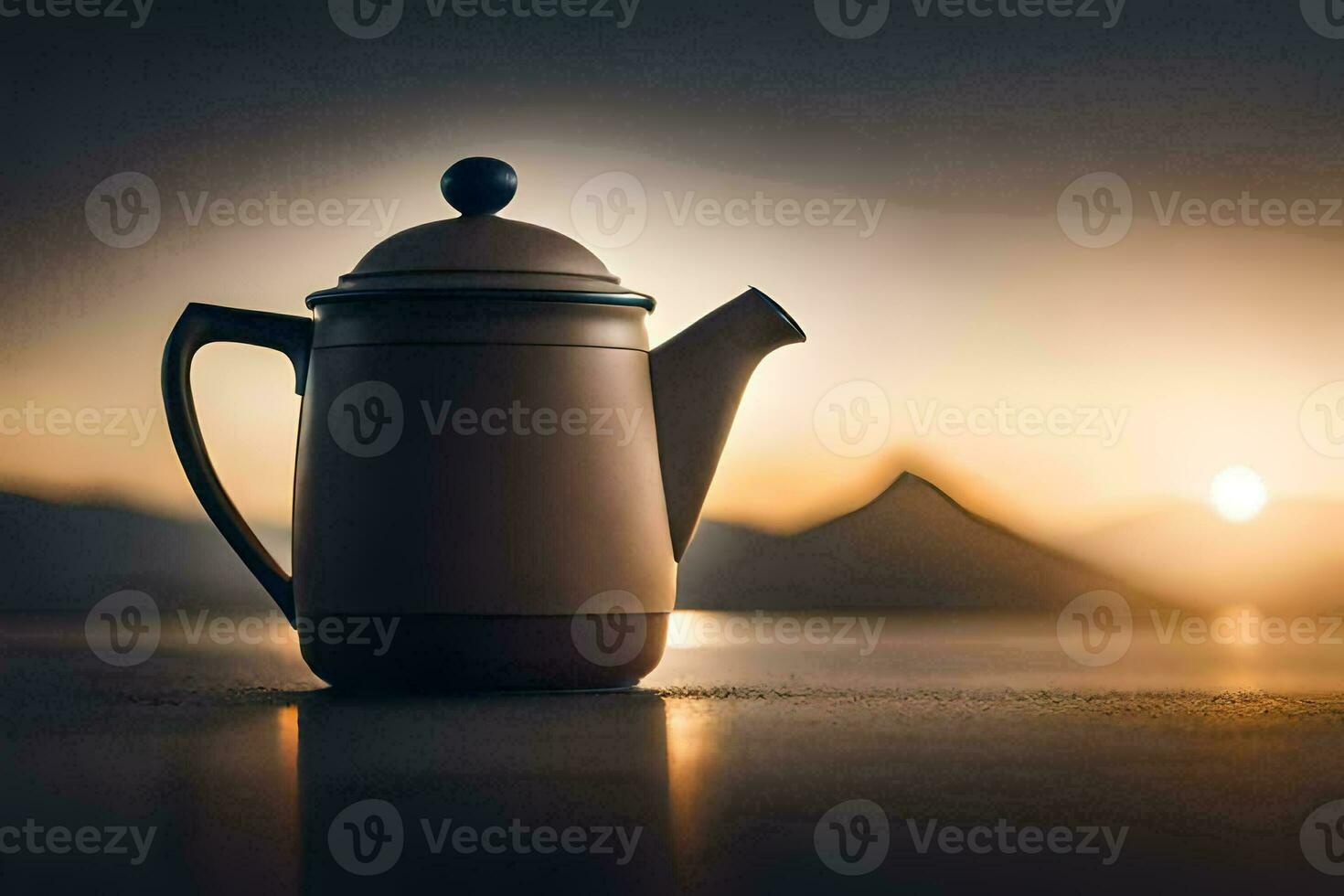 a coffee pot on a table in front of a sunset. AI-Generated photo