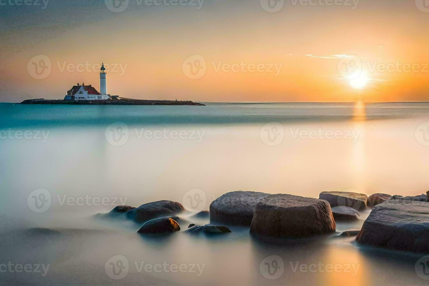 a lighthouse is seen in the distance at sunset. AI-Generated photo