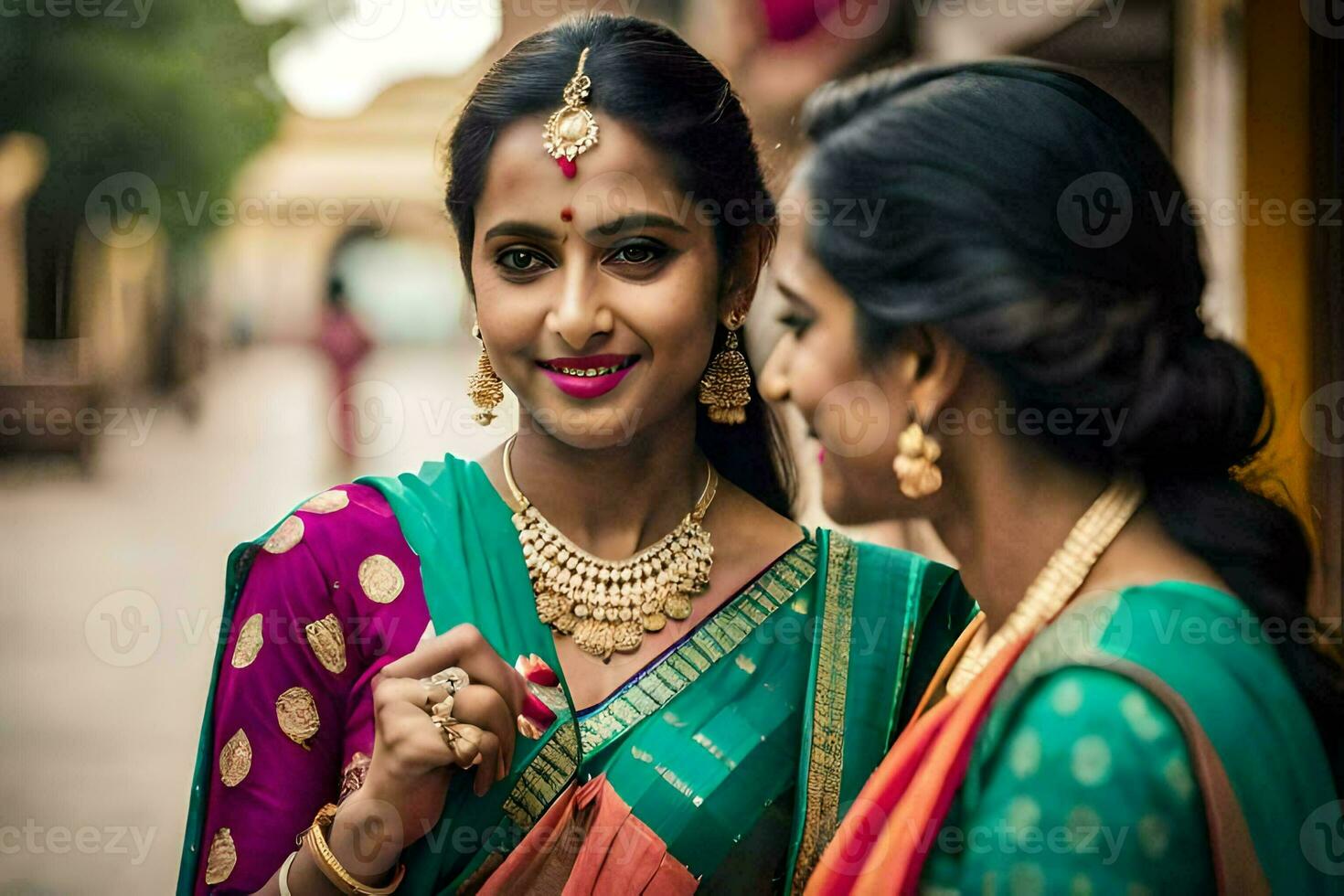 two women in traditional saris are smiling. AI-Generated photo