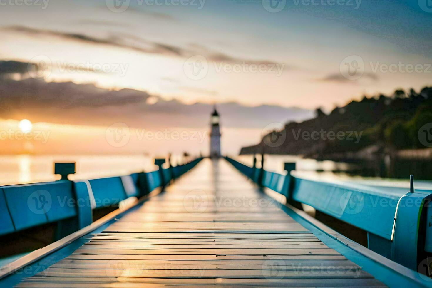 a wooden pier with a lighthouse in the background. AI-Generated photo