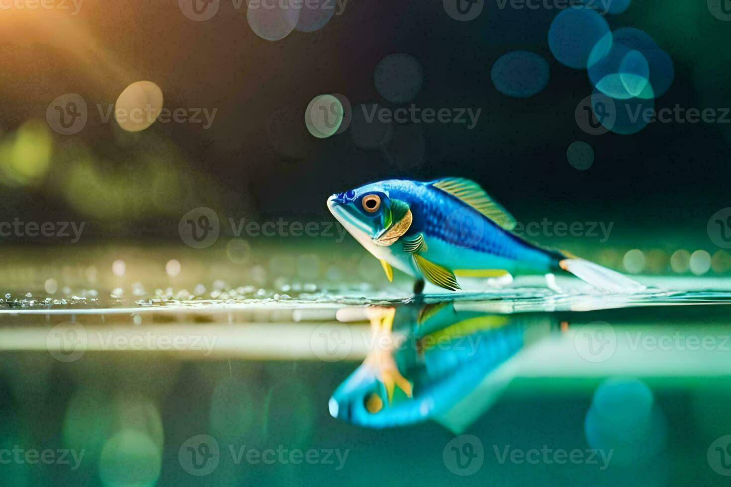 un pescado es en pie en el agua con un brillante ligero detrás él. generado por ai foto