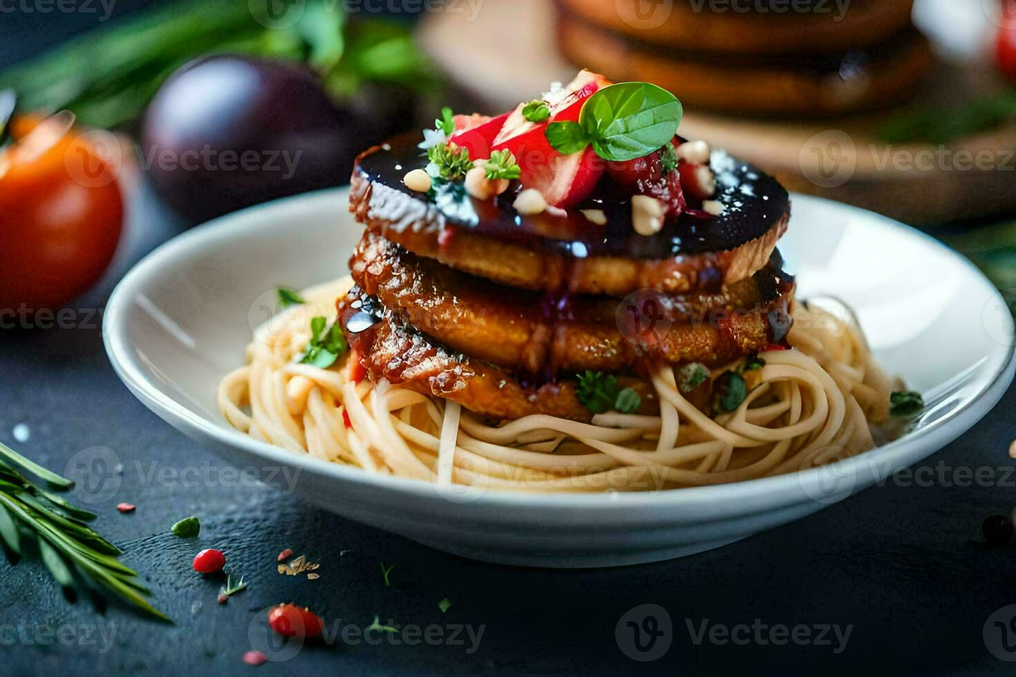 a stack of eggplant on pasta with tomatoes and herbs. AI-Generated photo