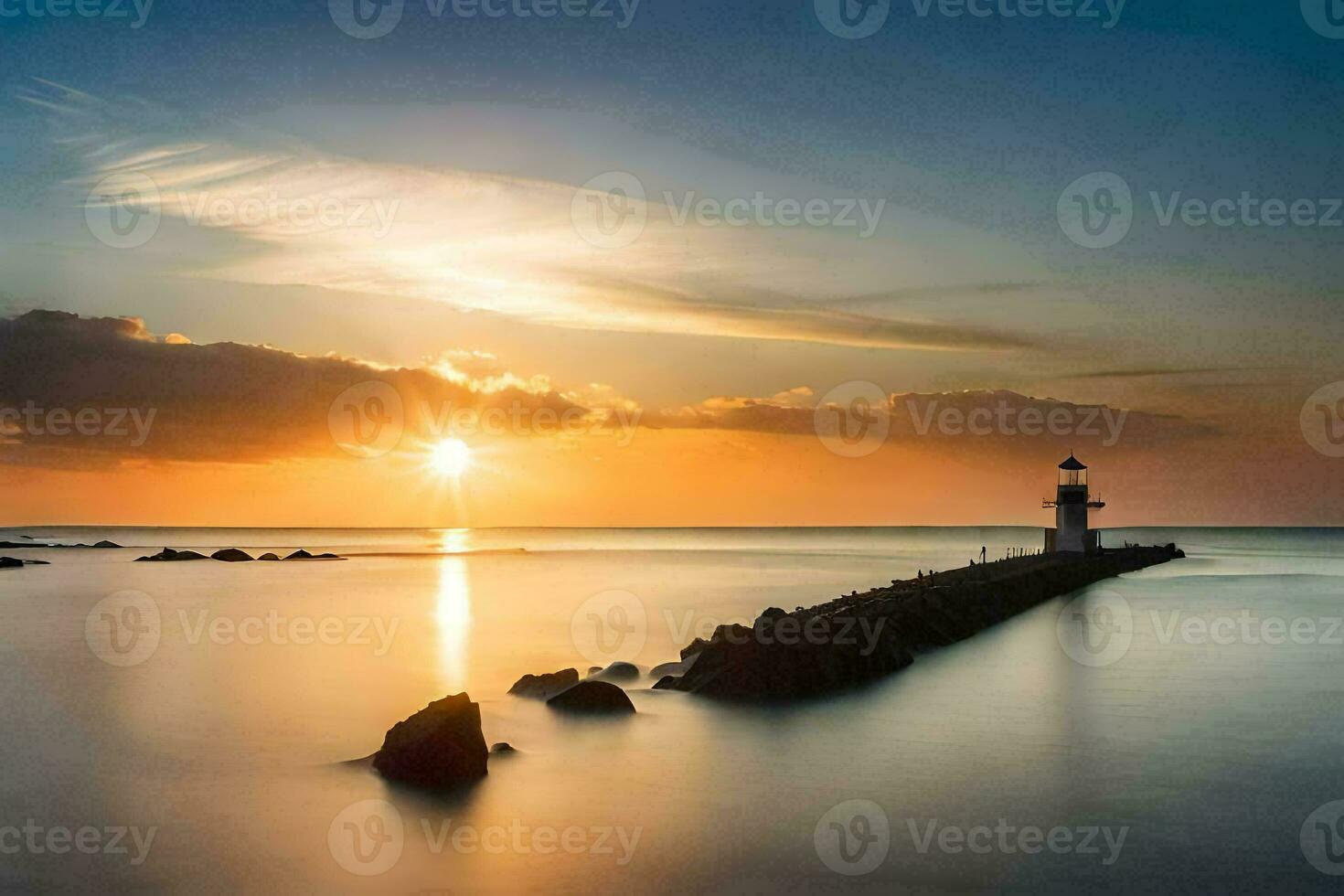 a lighthouse in the ocean at sunset. AI-Generated photo